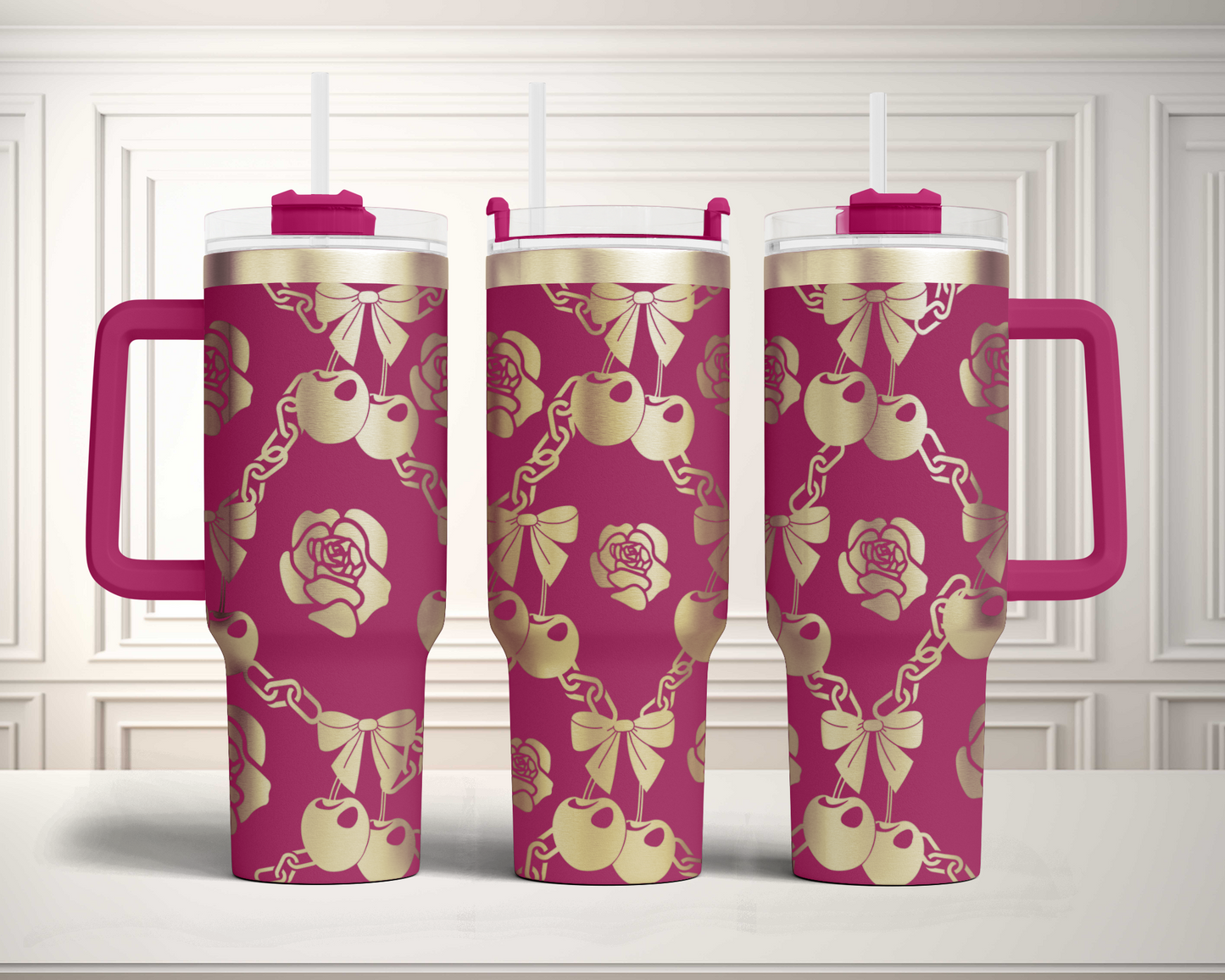 Cherry Coquette Rose Chain SVG 40oz Tumbler Laser Engraved Full Wrap Seamless Design