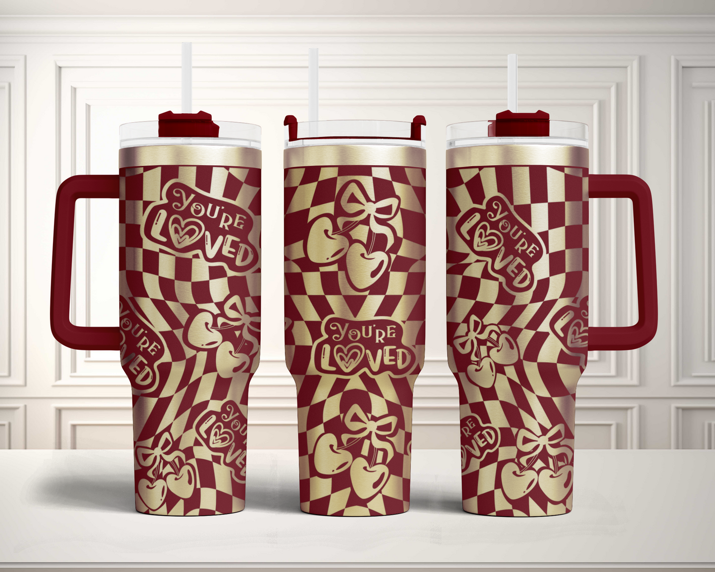 Cherry heart Coquette Bow Bundle SVG 40oz Tumbler Laser Engraved Full Wrap Seamless Design