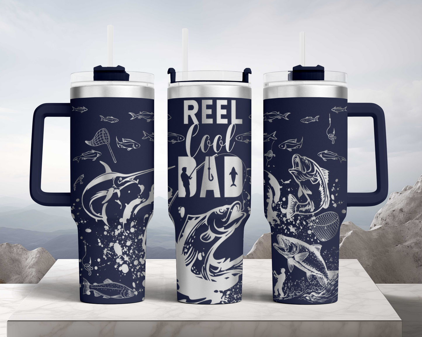 Reel Cool dad, Fishing dad SVG 40oz Tumbler Laser Engraved Full Wrap Seamless, SVG Laser Rotary, PNG sublimation