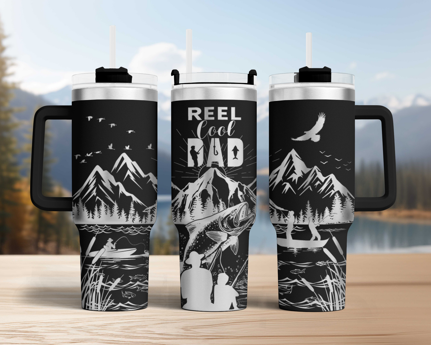 Reel Cool dad, Fishing dad with kids SVG 40oz Tumbler Laser Engraved Full Wrap Seamless, SVG Laser Rotary, PNG sublimation 