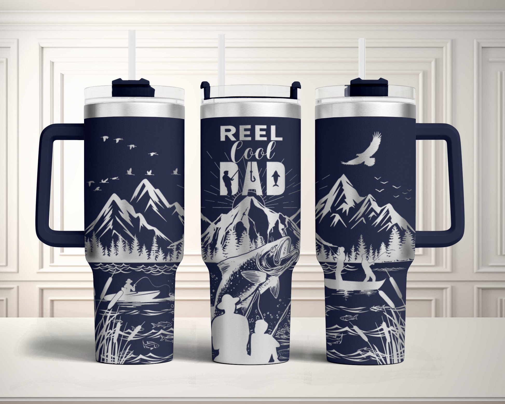 Reel Cool dad, Fishing dad with kids SVG 40oz Tumbler Laser Engraved Full Wrap Seamless, SVG Laser Rotary, PNG sublimation 