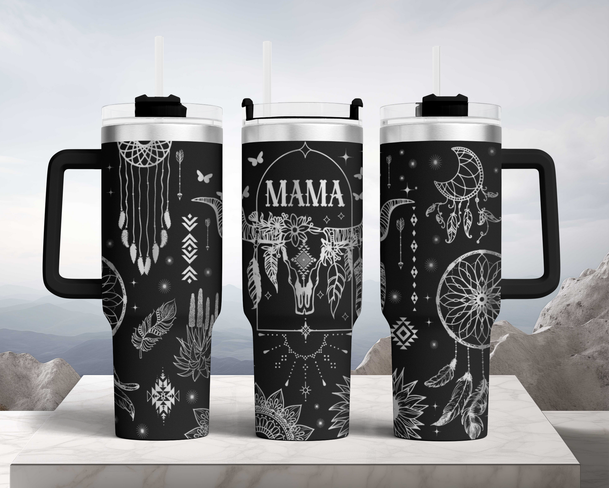 Boho Mama Cow Skulls Western Cowgirl Engraved Full Wrap Seamless 40oz Tumbler SVG Laser Rotary and PNG sublimation