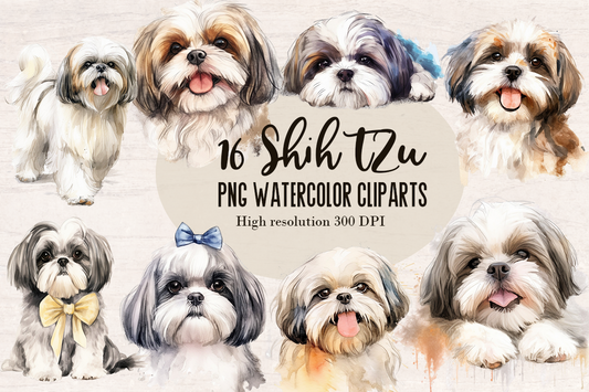 16 Watercolor Shih tzu Dog PNG cliparts bundle, Dog lover Cliparts