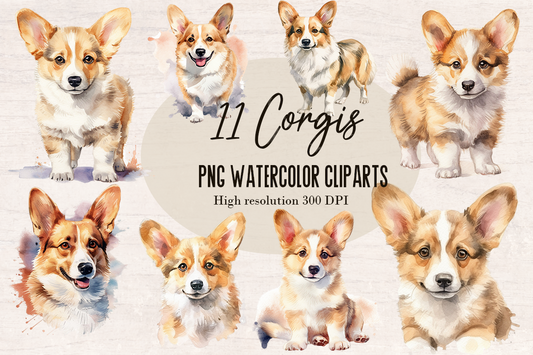 11 Watercolor Corgi Dog PNG cliparts bundle, Dog lover Cliparts