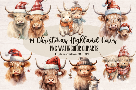 14 Watercolor Christmas Highland cows PNG cliparts bundle, Christmas Cliparts