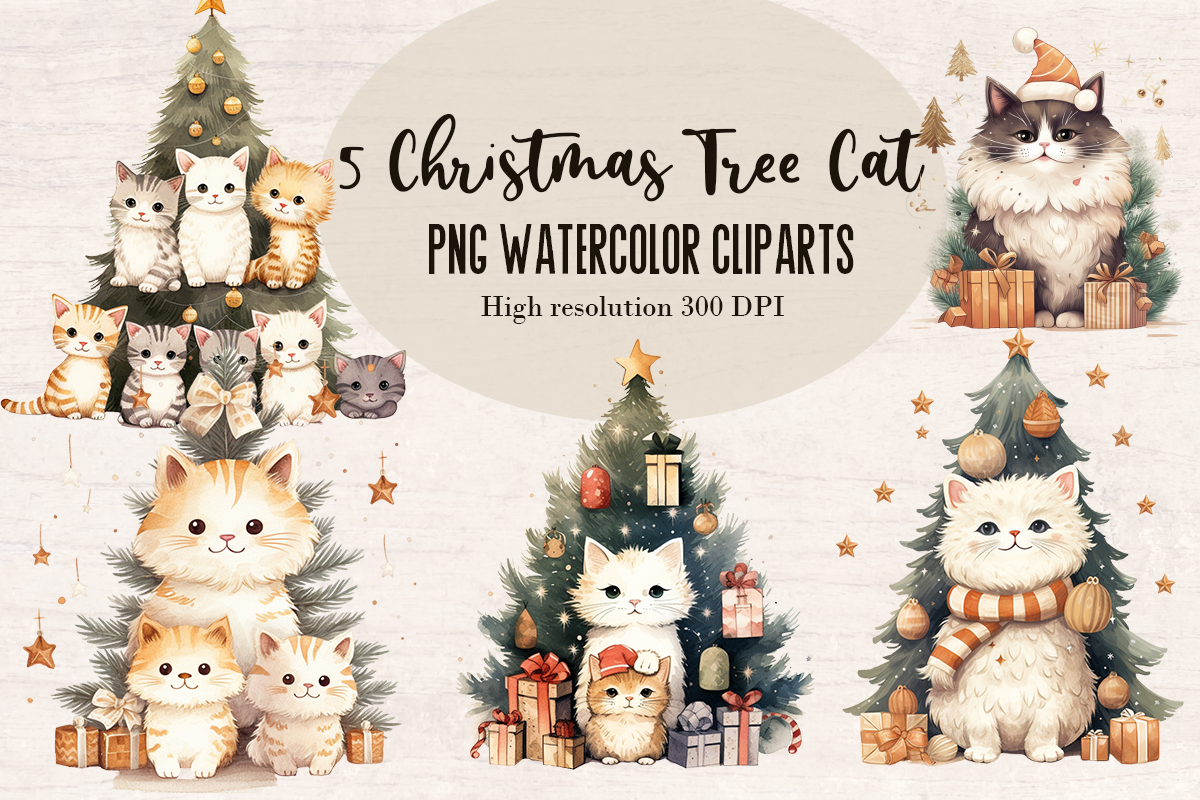 5 Watercolor Christmas tree Cat PNG cliparts bundle, Christmas Cliparts