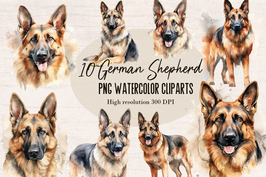 10 Watercolor German Shepherd Dog and Puppy PNG cliparts bundle, Dog lover Cliparts