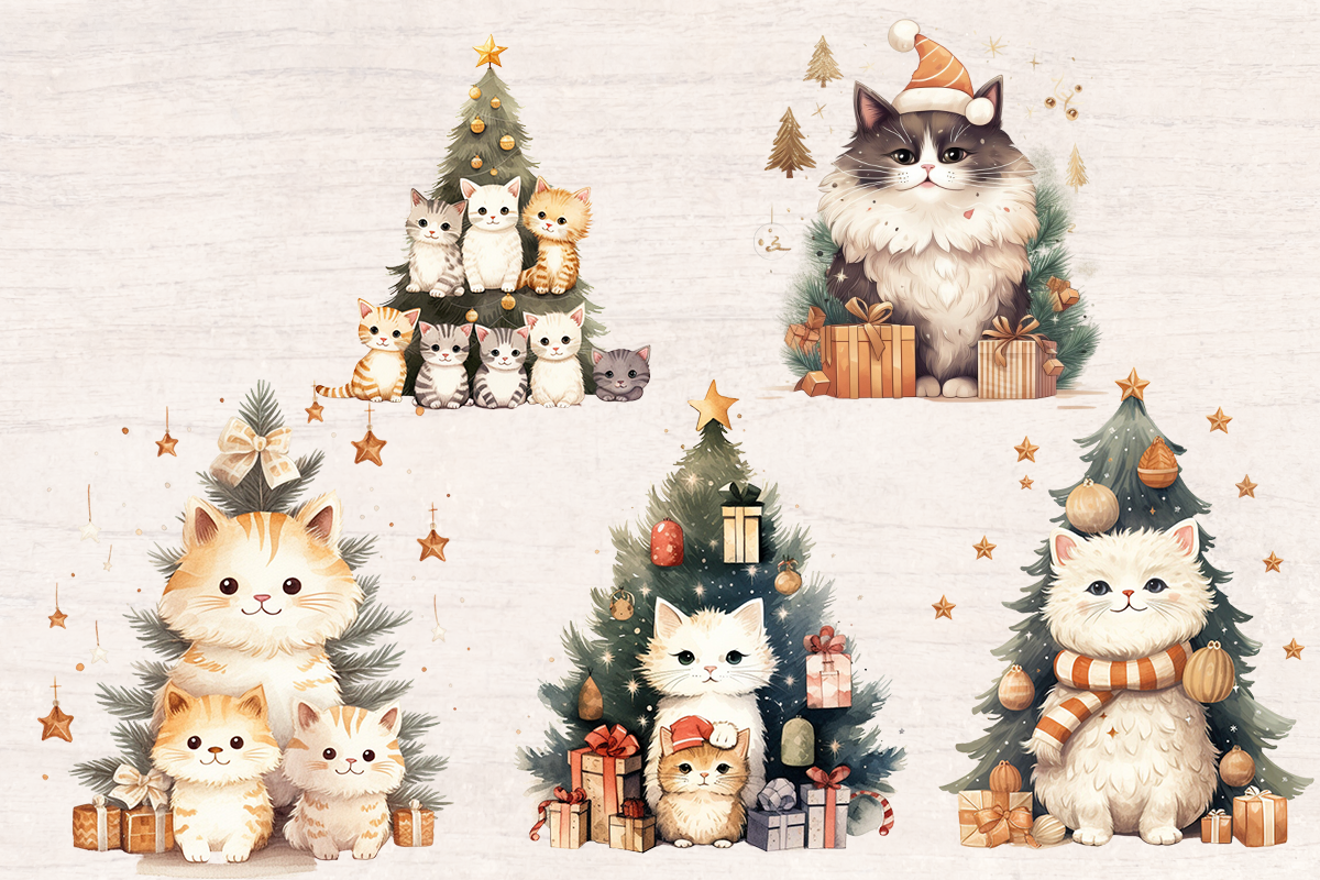 5 Watercolor Christmas tree Cat PNG cliparts bundle, Christmas Cliparts