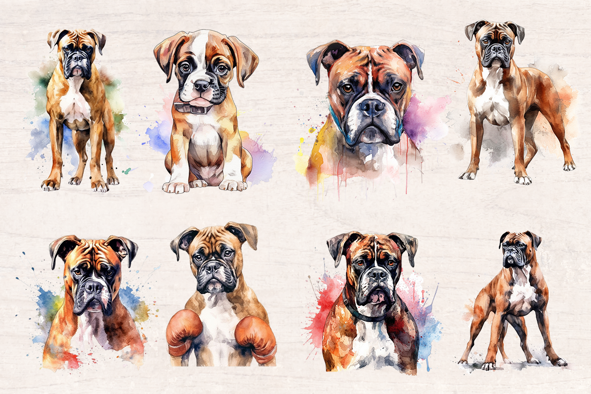 24 Watercolor Boxer Dog PNG cliparts bundle, Dog lover Cliparts