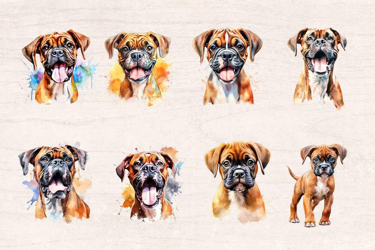 24 Watercolor Boxer Dog PNG cliparts bundle, Dog lover Cliparts