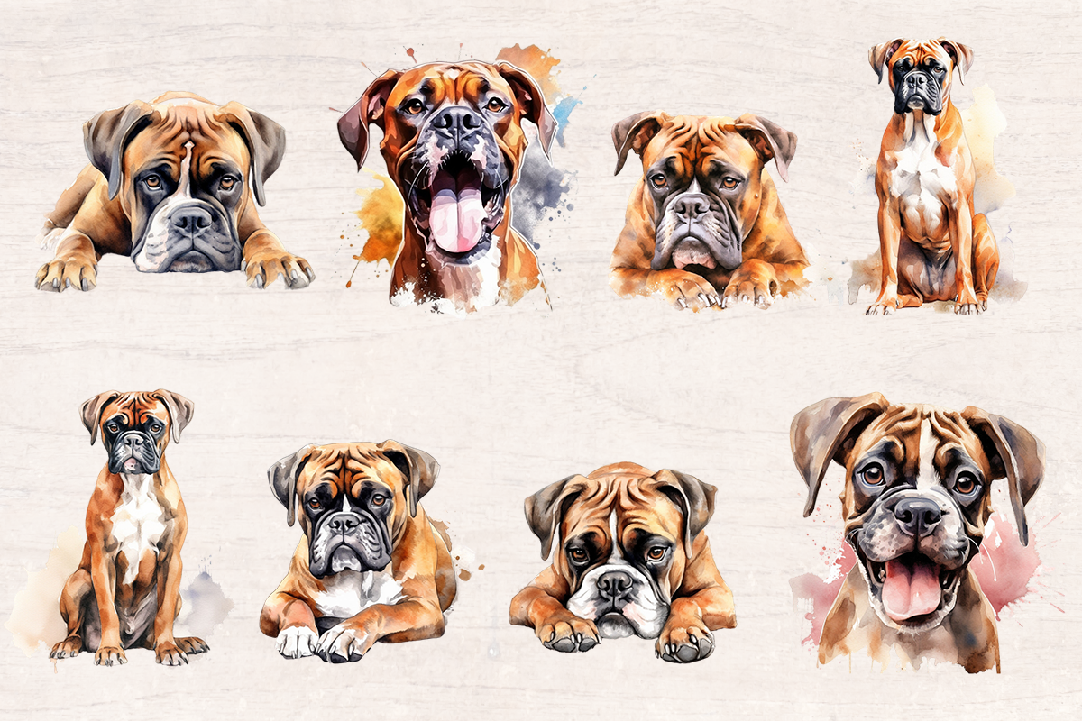 24 Watercolor Boxer Dog PNG cliparts bundle, Dog lover Cliparts