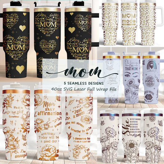 Mom, Mother's day Bundle 5 designs, 40oz Tumbler SVG Laser Engraved Full Wrap Seamless