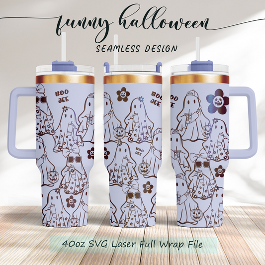 Funny Halloween Boo Jee, Boujee Fall Cute Ghost 40oz Tumbler SVG Laser Engraved Full Wrap Seamless, Rotary and PNG sublimation