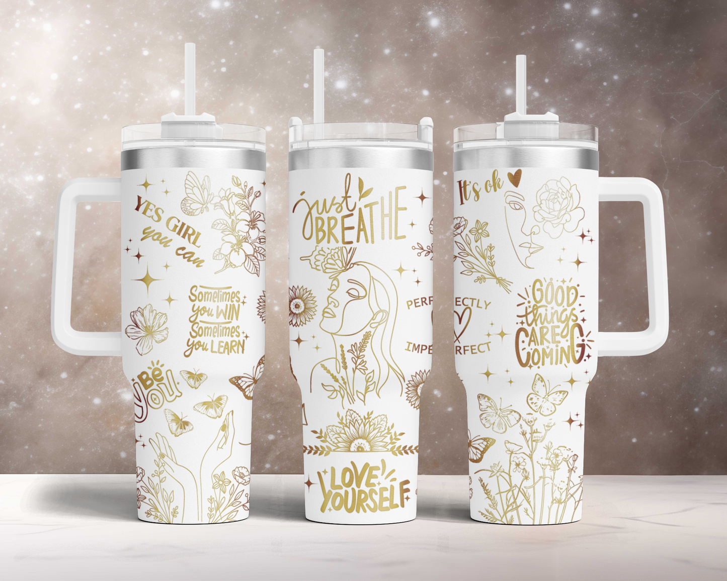 Just breathe, Self Affirmation sunflower 40oz Tumbler SVG Laser Engraved Full Wrap Seamless, PNG sublimation 