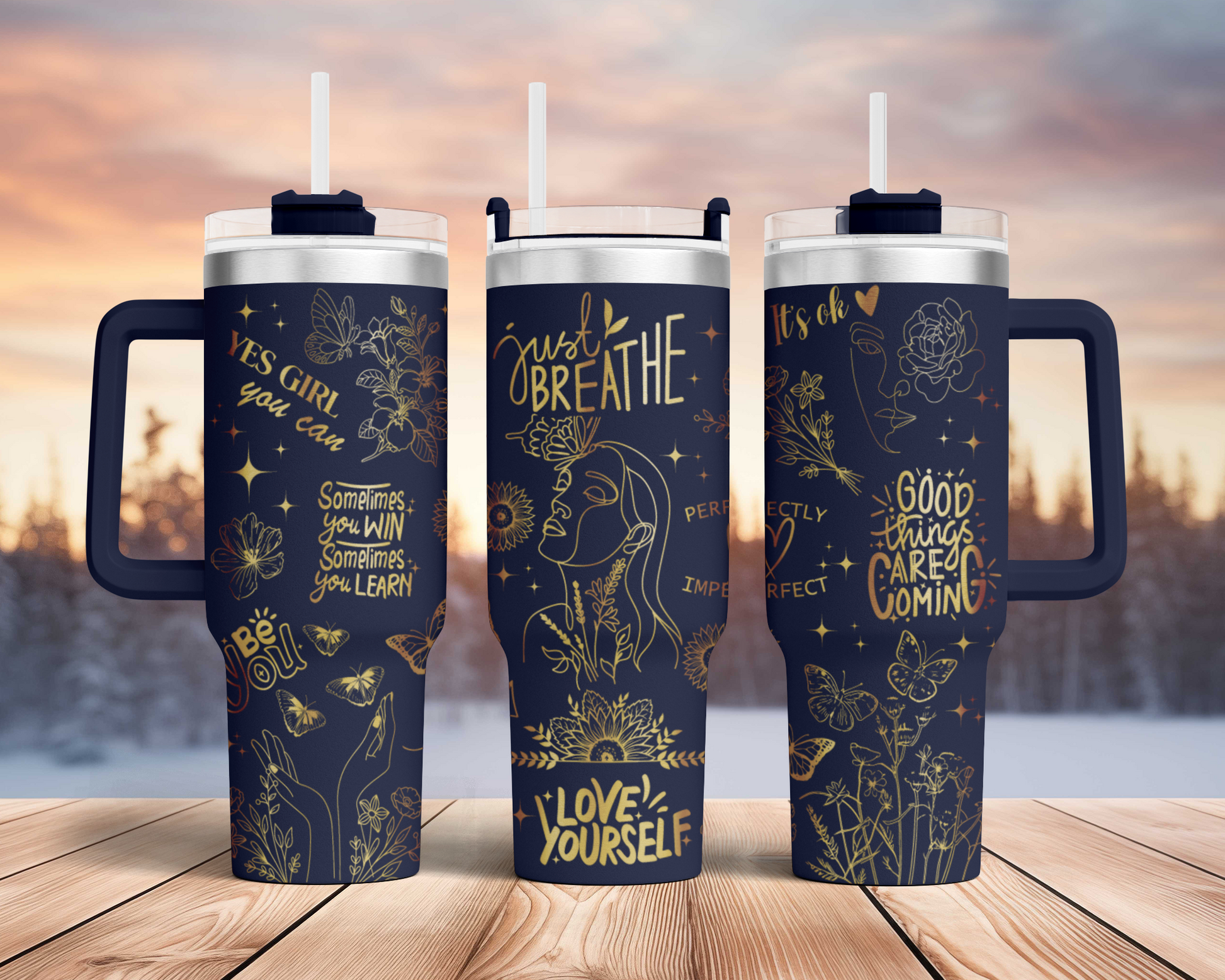 Just breathe, Self Affirmation sunflower 40oz Tumbler SVG Laser Engraved Full Wrap Seamless, PNG sublimation 