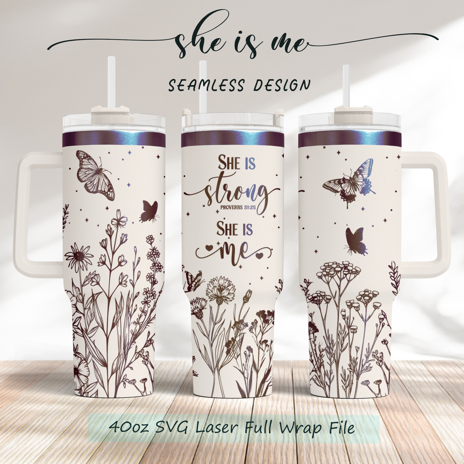 She is Strong, She is me Bible Verse floral, Christian 40oz Tumbler SVG Laser Engraved Full Wrap Seamless, PNG sublimation