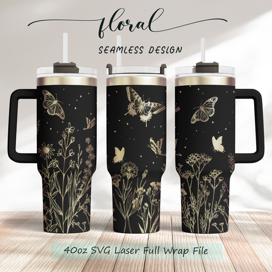 Wildflower and butterflies 40oz Tumbler SVG Laser Engraved Full Wrap Seamless, PNG sublimation