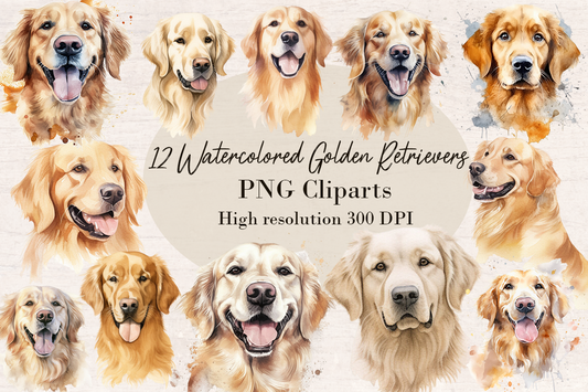 12 Watercolor Golden Retriever Dog and Puppy PNG cliparts bundle, Dog lover Cliparts