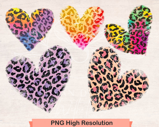 Colorful Distressed Heart Leopard Bundle PNG Sublimation