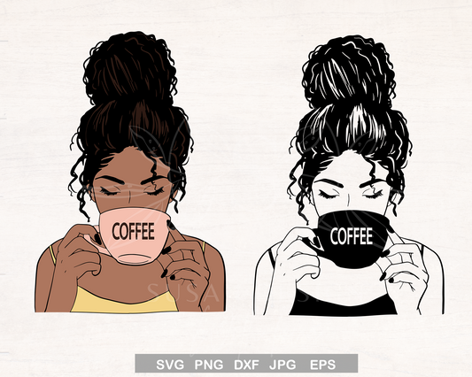 Afro girl wit messy bun SVG, drinking coffee