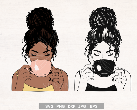 Afro girl with Messy Bun Tea Cup/Mug Layered SVG