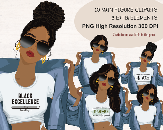 Fashion black woman afro locs messy bun girl in denim clipart bundle, PNG sublimation