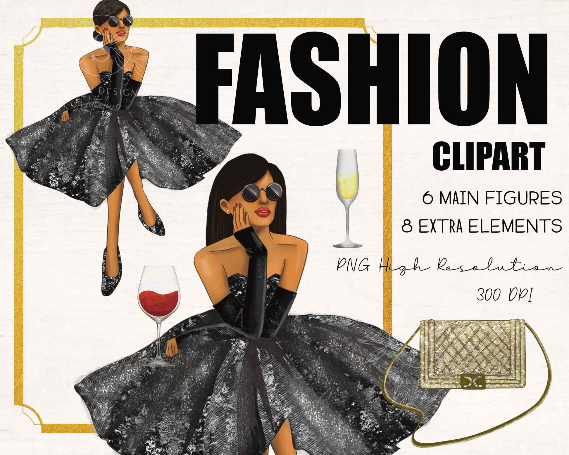 Fashion party beautiful dress black woman afro clipart, PNG sublimation