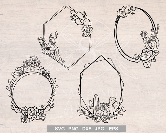 Cactus and Succulent Wreath Outline SVG Bundle