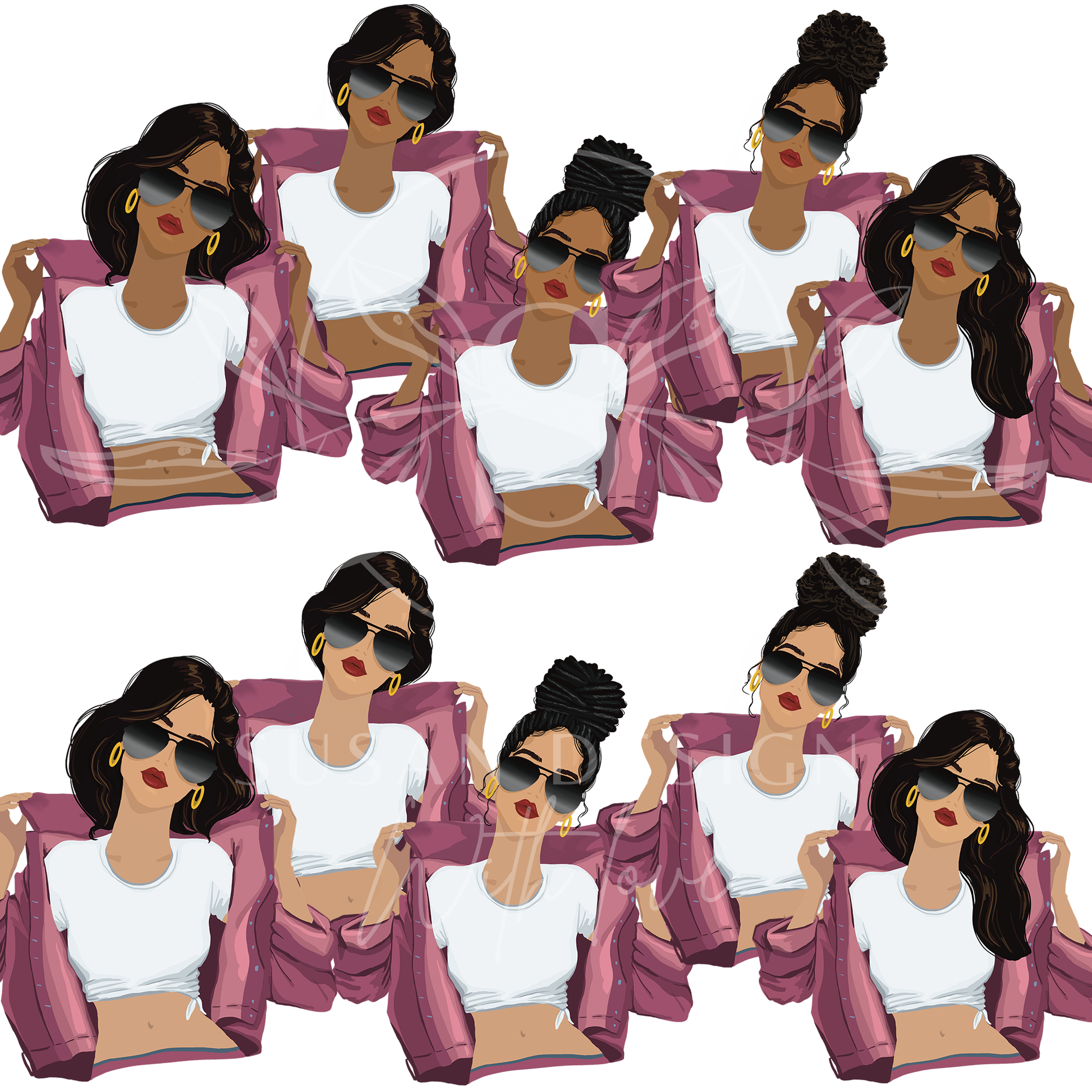 Fashion black woman afro locs messy bun girl in denim clipart bundle, PNG sublimation