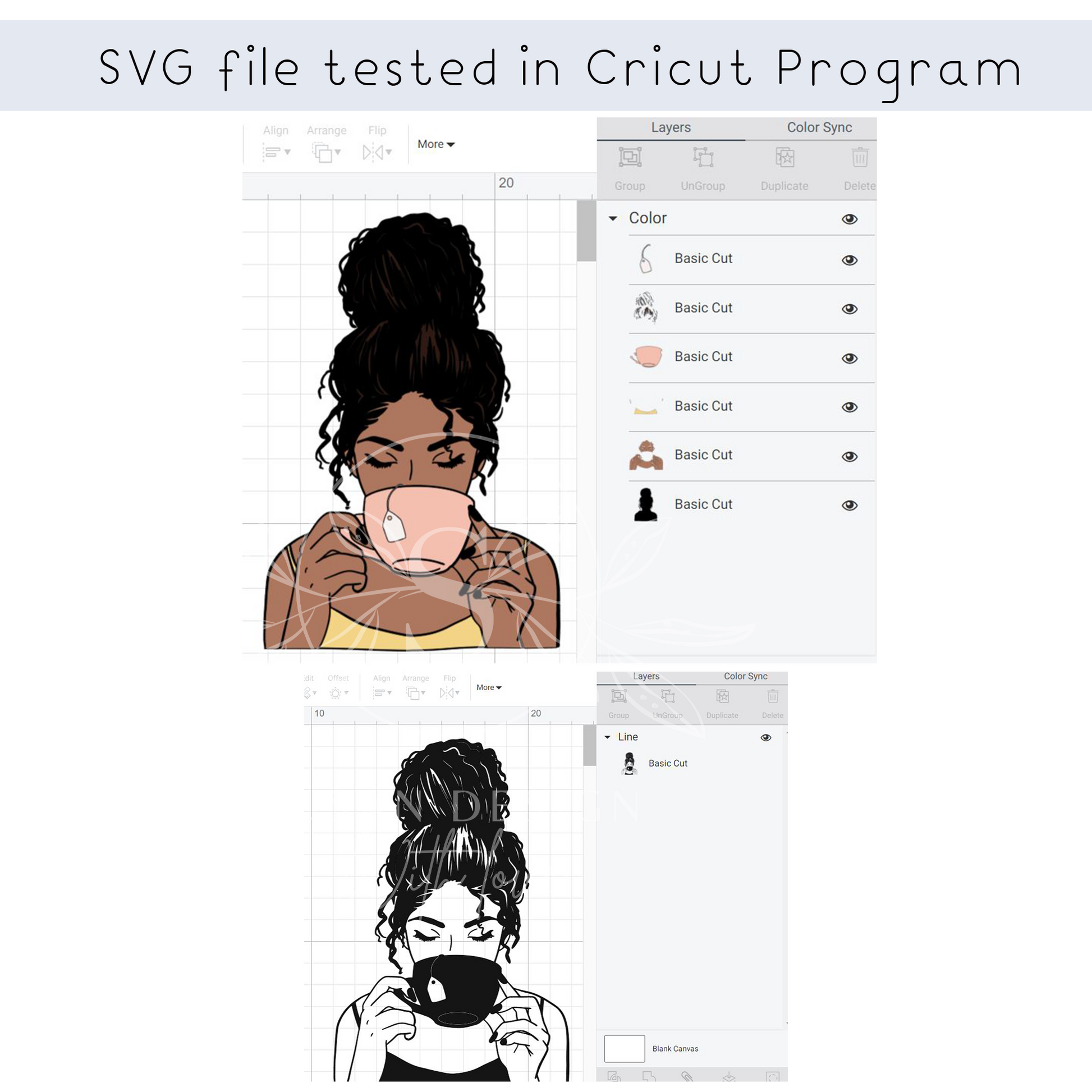 Afro girl with Messy Bun Tea Cup/Mug Layered SVG files for Cricut