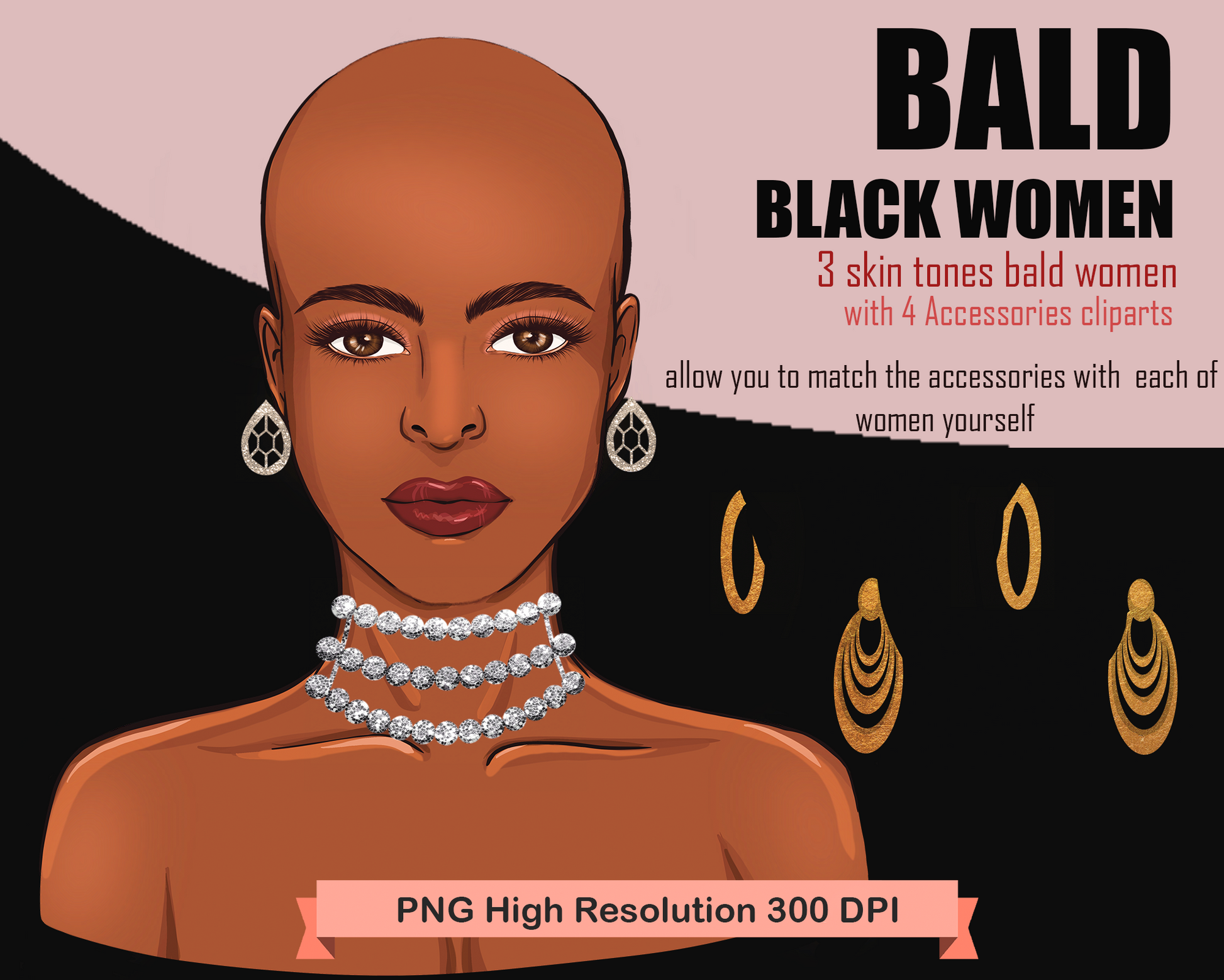 Fashion Black Women Bald Hairstyle clipart bundle, PNG sublimation