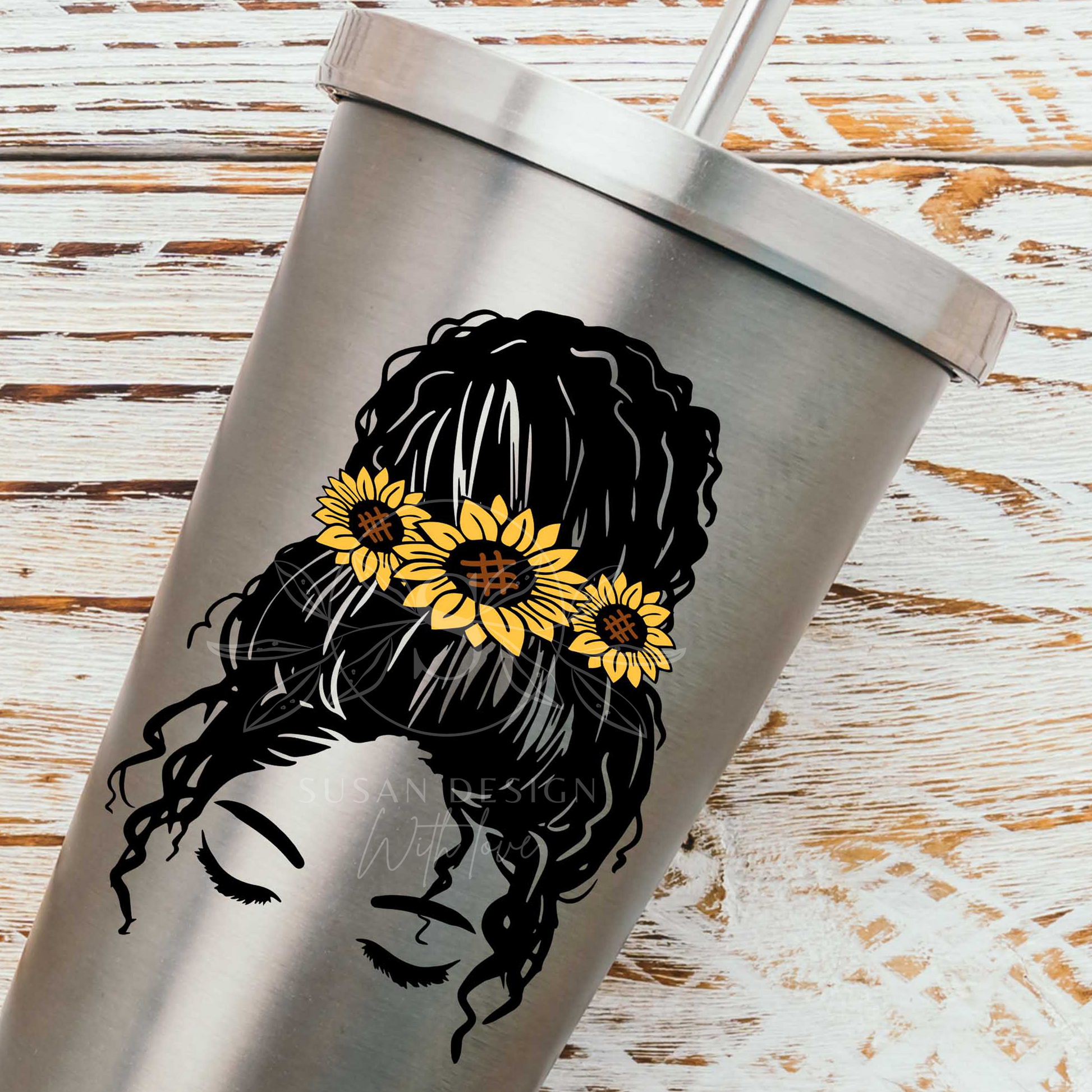 Afro girl with Messy Bun Sunflower SVG bundle