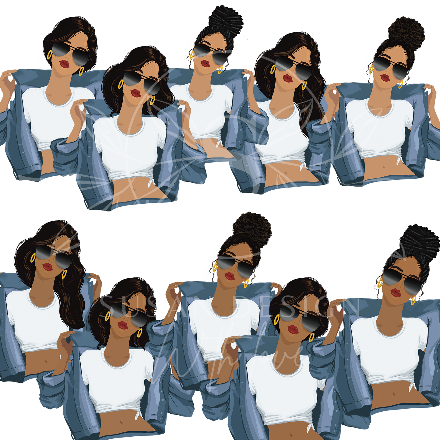 Fashion black woman afro locs messy bun girl in denim clipart bundle, PNG sublimation