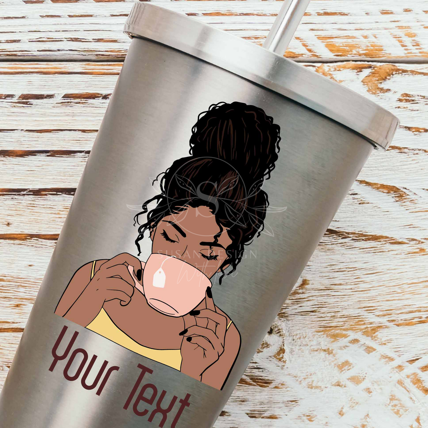 Afro girl with Messy Bun Tea Cup/Mug Layered SVG PNG clipart