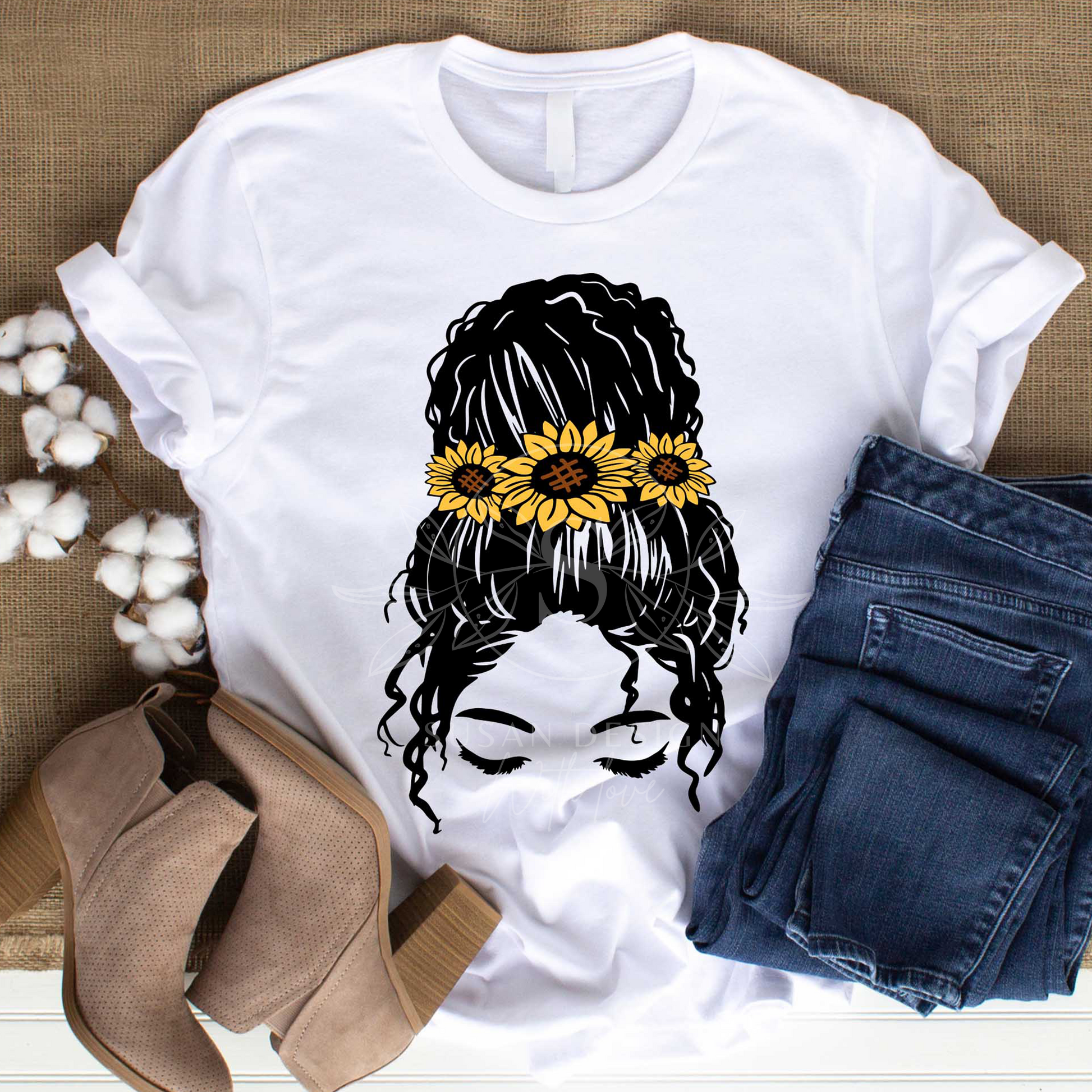 Afro girl with Messy Bun Sunflower SVG bundle