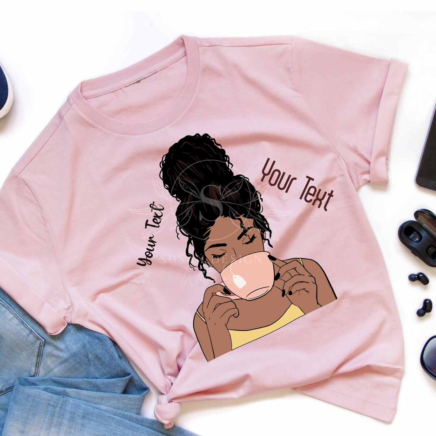 Afro girl with Messy Bun Tea Cup/Mug Layered SVG shirt design