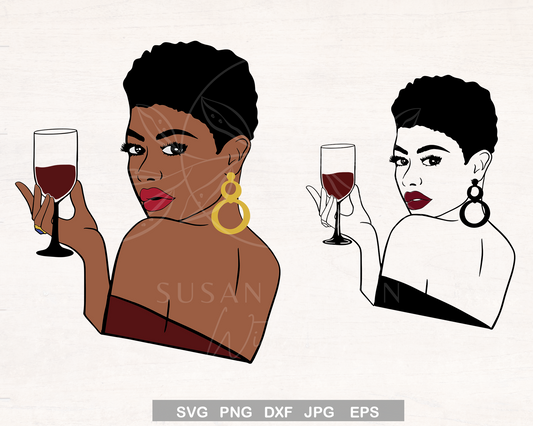 Black woman, African American drinking wine, Wine Party Drink Up SVG design