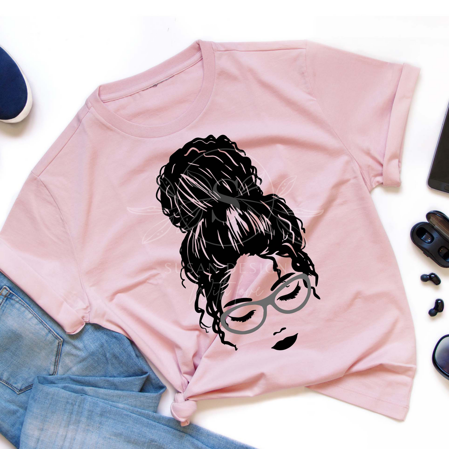 Afro girl with Messy Bun Eye Glasses SVG bundle