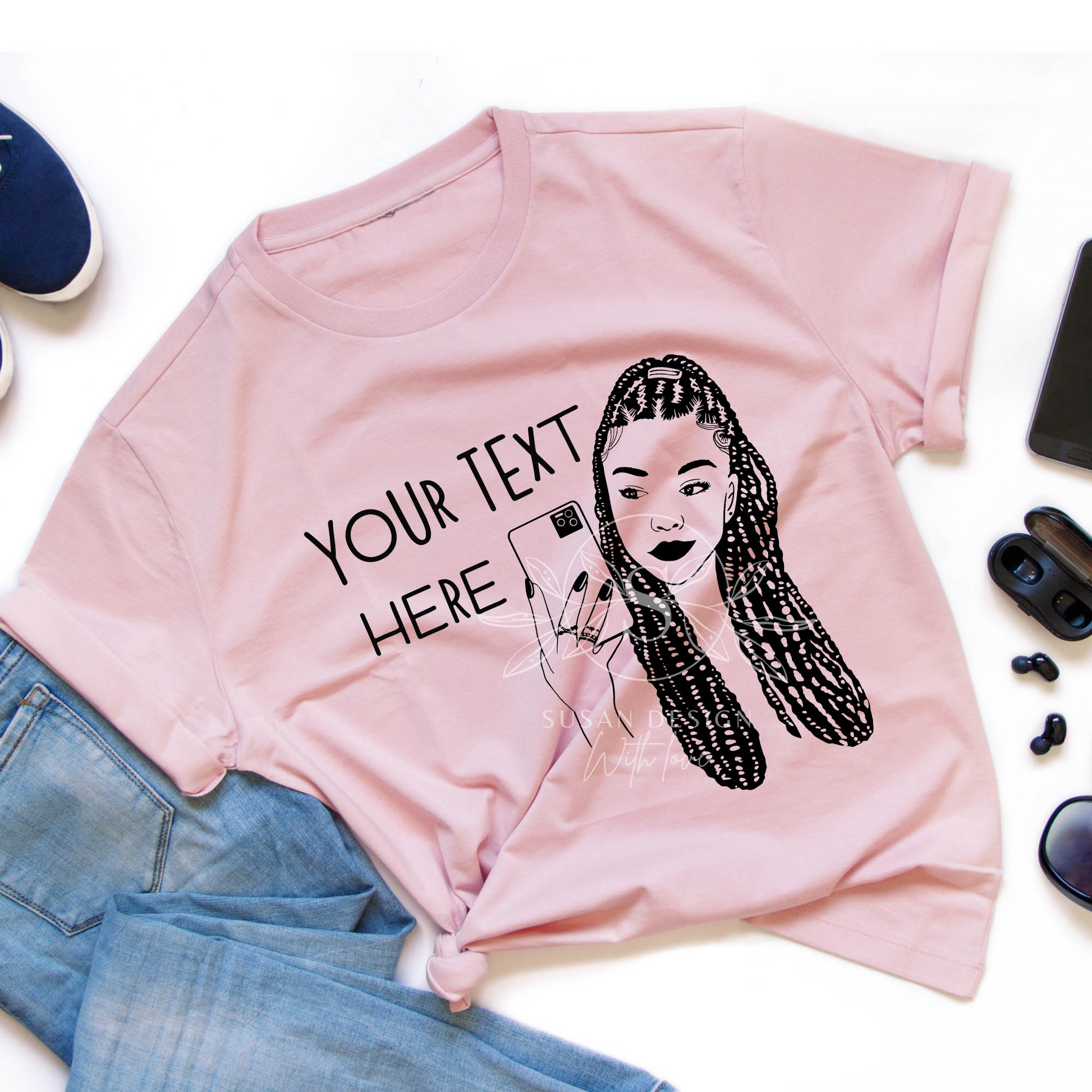 Braid Black woman with Cell Phone Selfie SVG shirt design