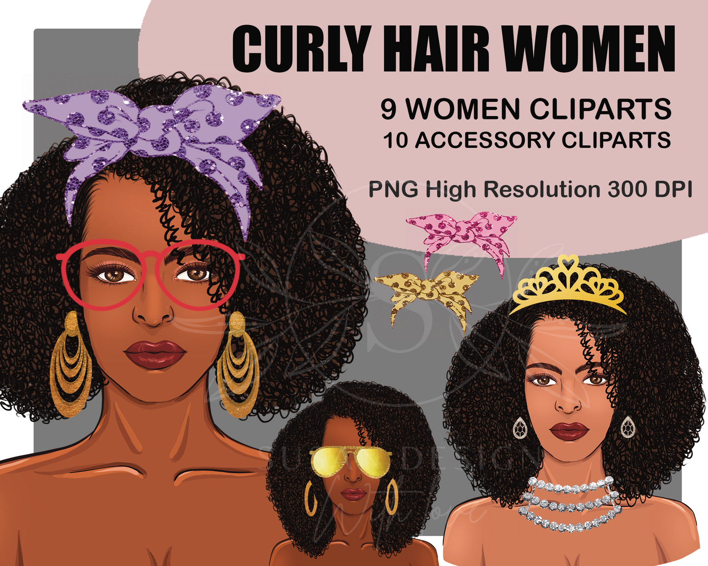 Afro girl, natural hair, with accessories PNG clipart sublimation