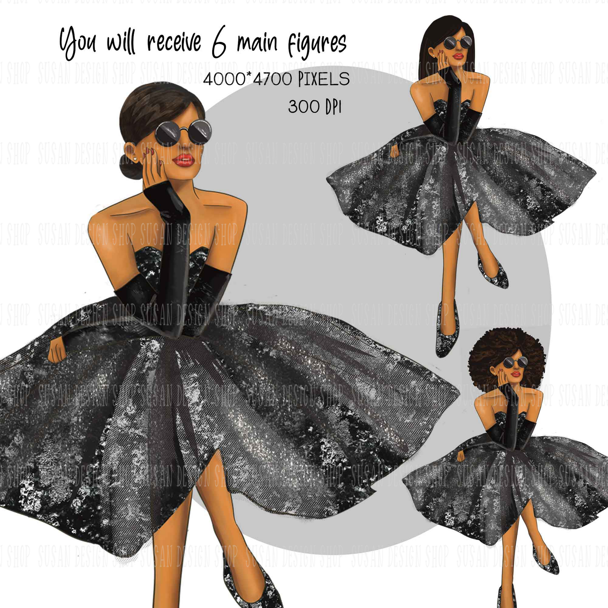 Fashion party beautiful dress black woman afro clipart, PNG sublimation