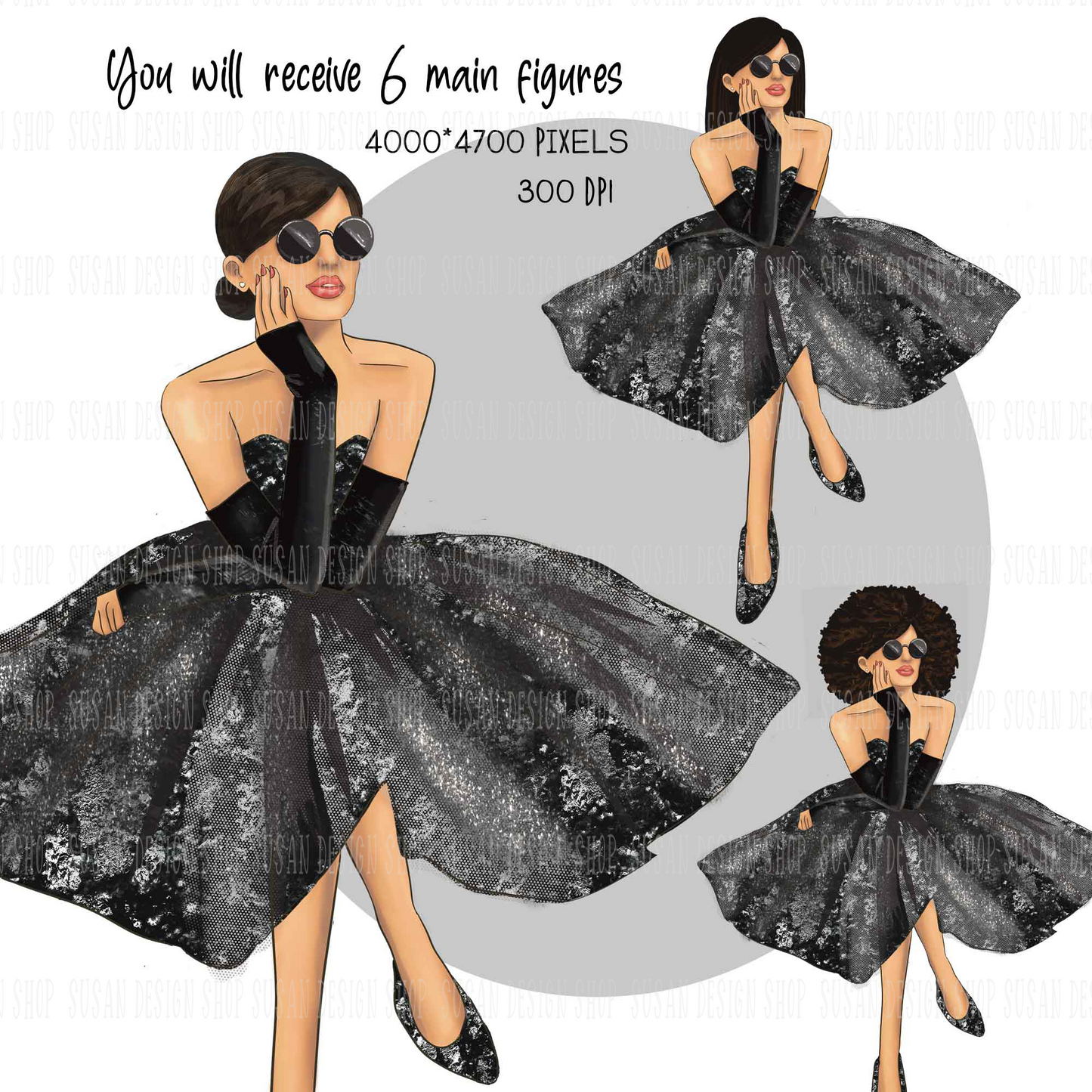 Fashion party beautiful dress black woman afro clipart, PNG sublimation