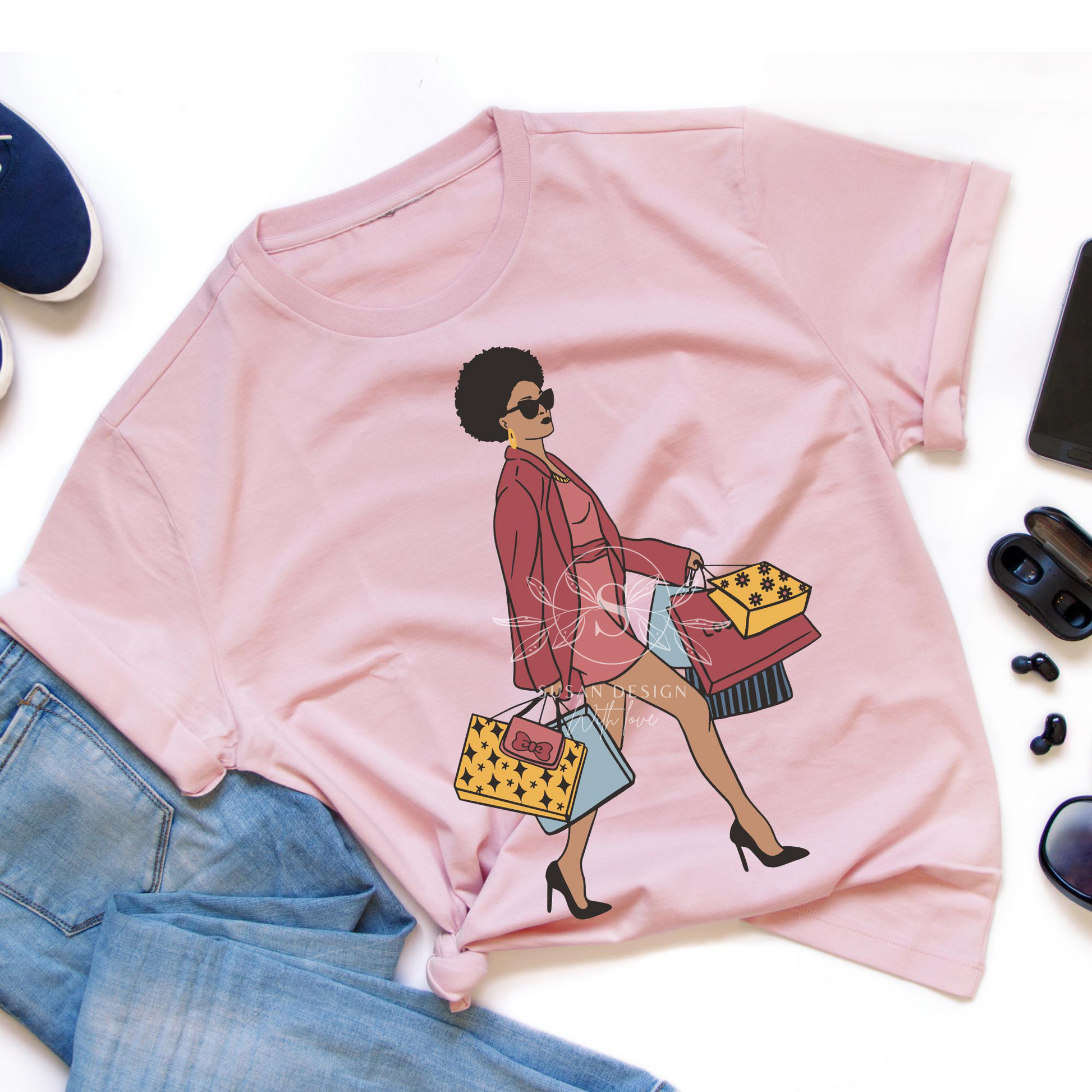 Afro Woman Shopping SVG shirt design PNG clipart