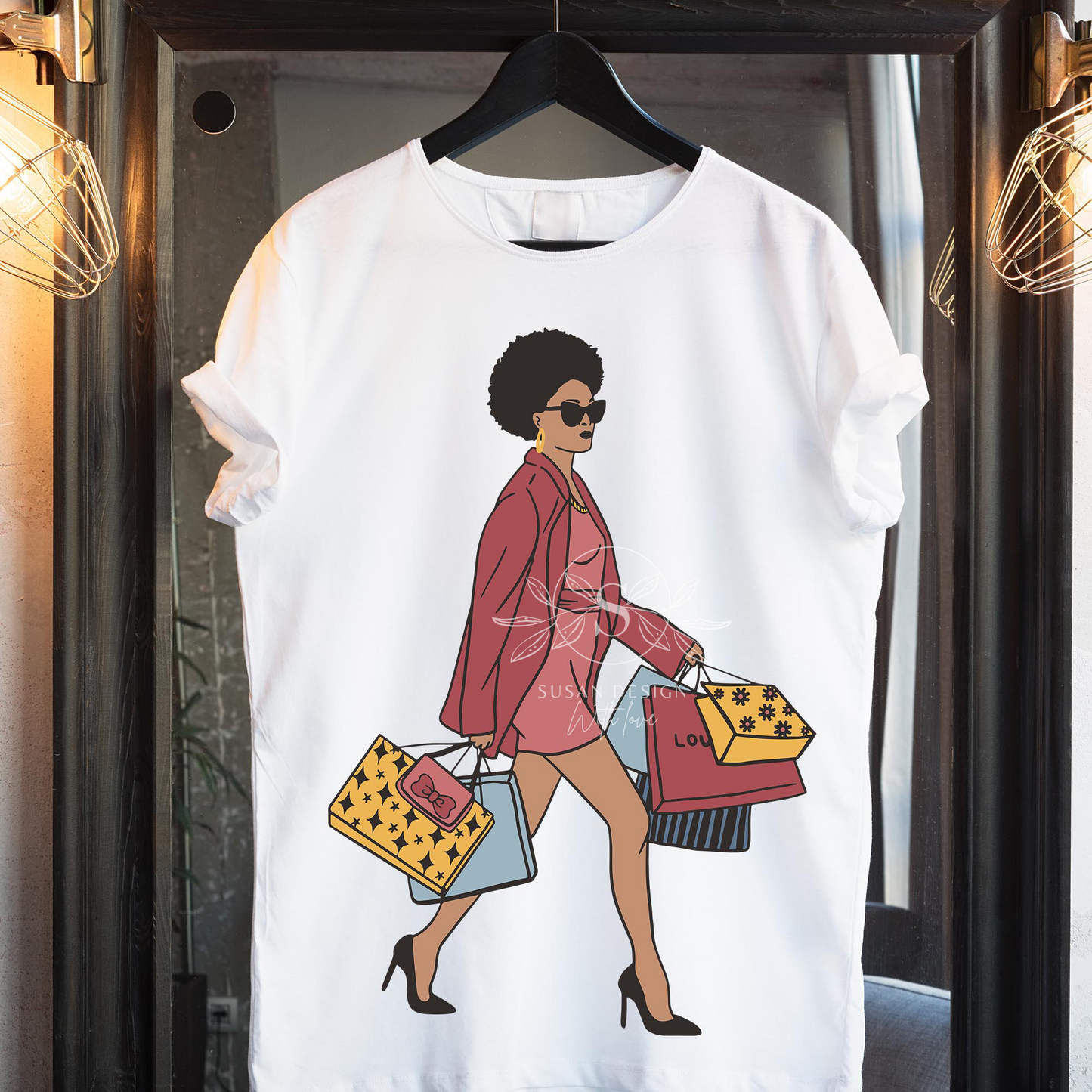 Afro Woman Shopping SVG shirt design PNG clipart