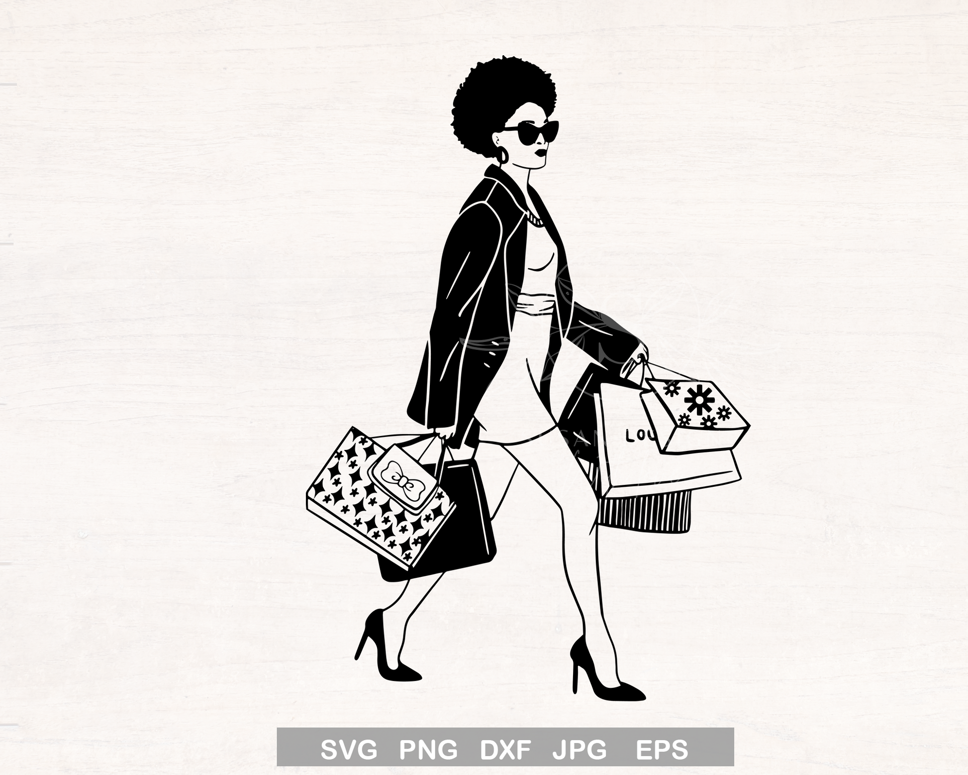 Afro Woman Shopping SVG Black and White