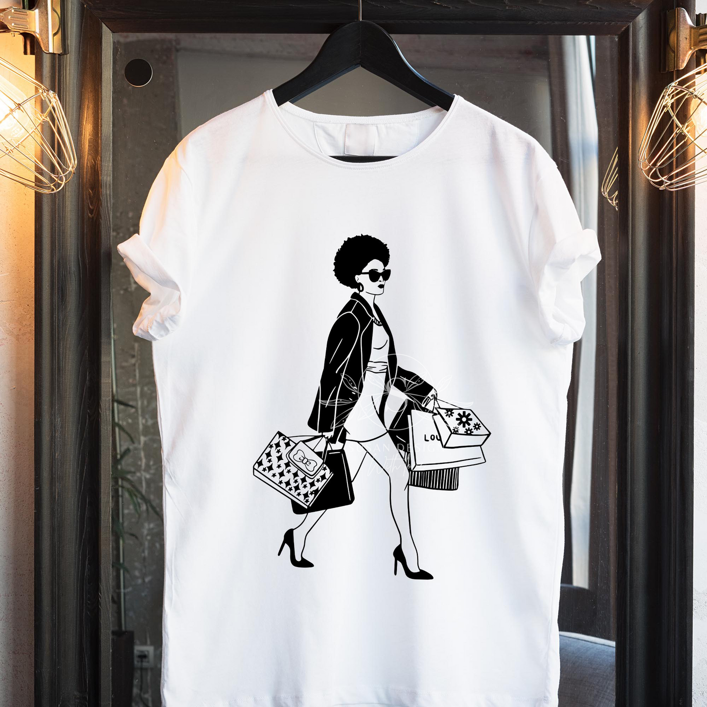 Afro Woman Shopping SVG Black and White