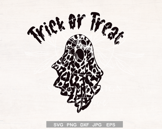 "Trick or Treat" Cute Leopard Ghost SVG, Funny Halloween Design