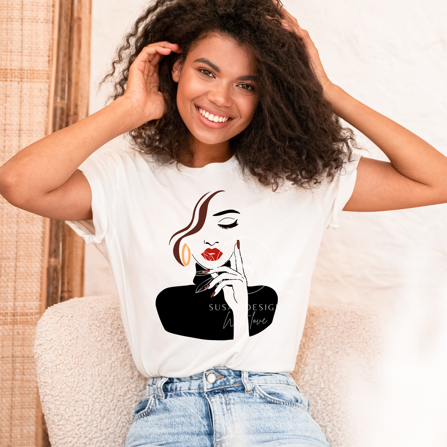 Black Woman thinking with Hand eyelash red lip SVG