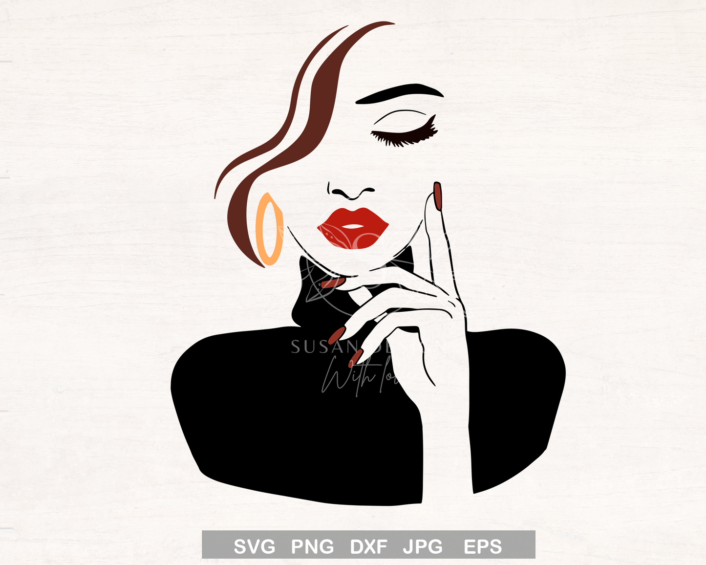 Black Woman thinking with Hand eyelash red lip SVG